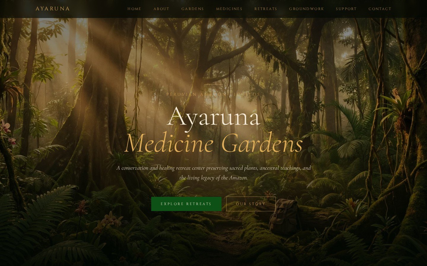 Ayaruna Gardens homepage set in an Amazon rainforest
