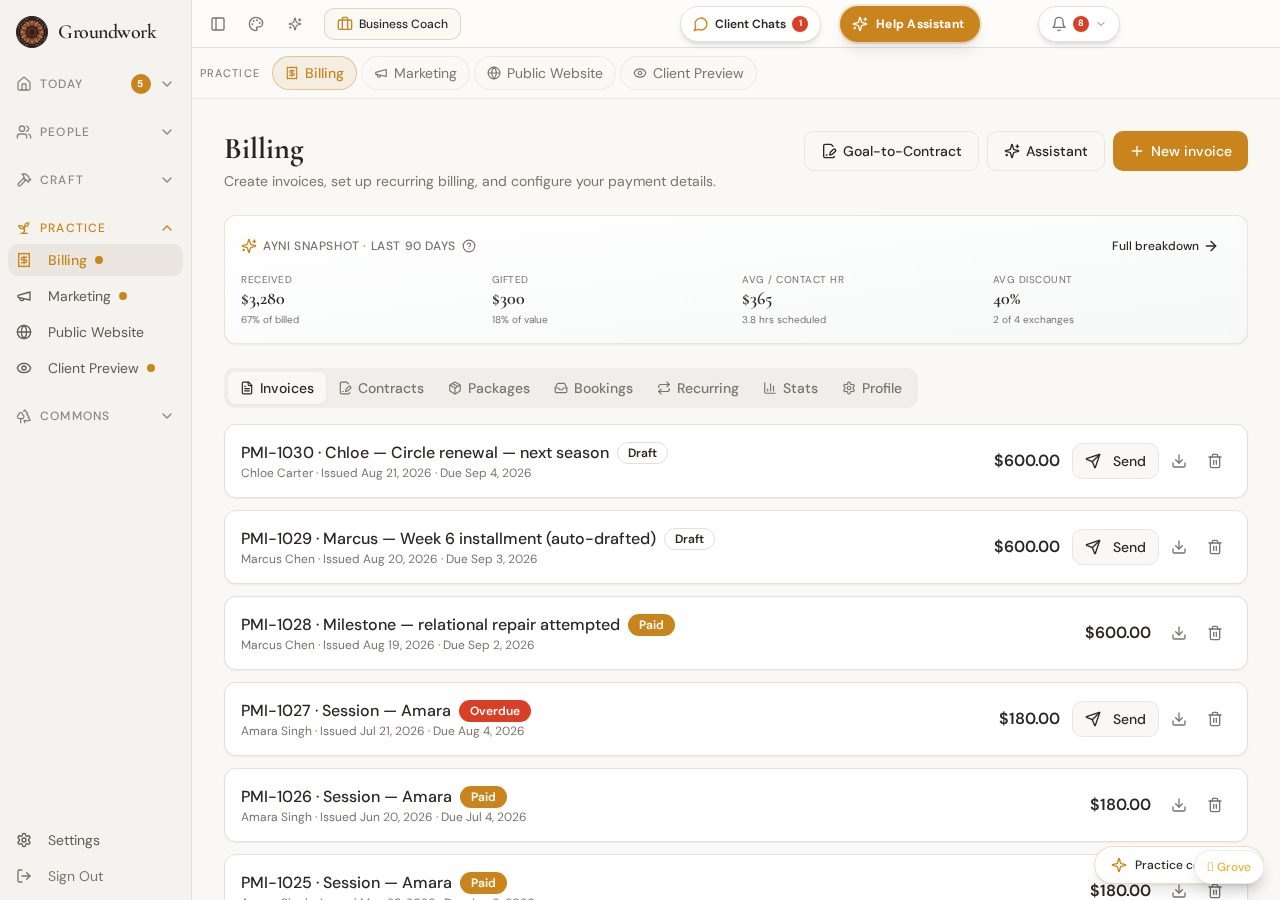Groundwork invoices page