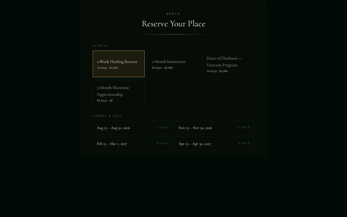 Ayaruna Gardens retreat options and available dates